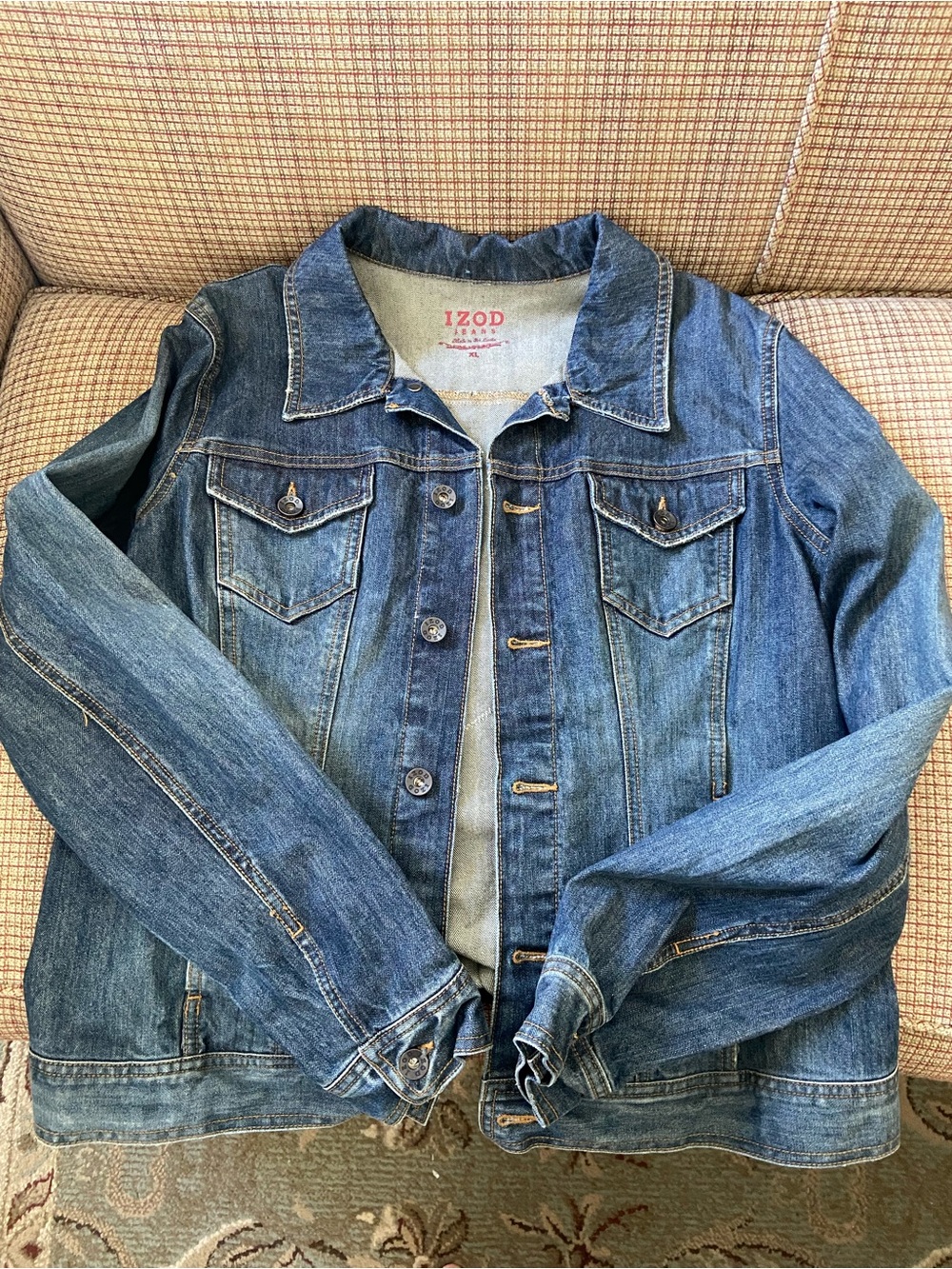 Izod Blue Denim Jacket with Red Brand Print - Picture 2 of 3